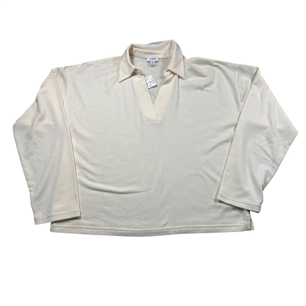 J.Crew NWT Ivory Collared V-Neck Knit Top Medium Short Sleeve Classic Preppy‎